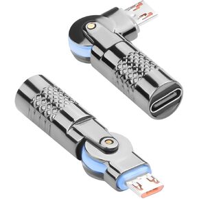 QIANRENON USB C to Micro USB 180° Rotating Charging Connector Type C Female to Micro USB Male Rotatable Data Adapter USB C to Micro Rotary Extender, 5V 3A 480Mpbs, Metal Case LED Light, 2Pcs