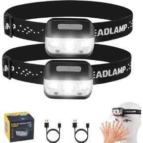 Headlamp Rechargeable, Super Bright LED Head Lamp with 5 Modes, Waterproof Outdoors Headlight Flashlight, Adjustable headlamps for Adults and Kids,Cycling,Running,Fishing,Hiking（2Pack）