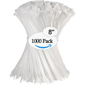 White Zip Ties 8 Inch (1000 pack) Heavy Duty Self Locking clear Zipties Tensile Strength 40 Pound Clear Industrial 8" Cable Ties Wraps for Home Office Garden Fence Garage indoor outdoor