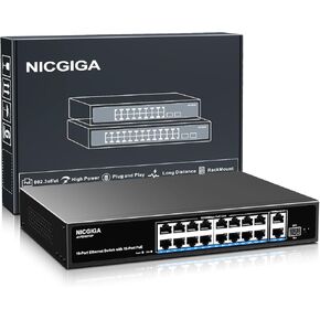 16 Port PoE Switch Unmanaged, 16 Port PoE+@250W, 2 Gigabit Uplink Ports, 1 SFP Port, NICGIGA 19 Port Network Power Over Ethernet Switch, VLAN Mode, AI Watchdog 19 inch RackMount, Plug and Play.