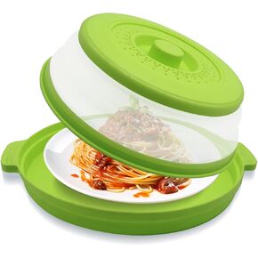Microwave Food Cover with Handle - Collapsible and vented silicone splash guard with tray - For microwave food heating-Splash guard can be used as a draining basket for washing vegetables and fruits
