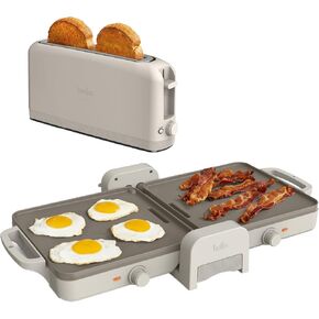 BELLA 10 x 20 in Fold-n-Store Dual Temp Griddle + 2 Slice Slim toaster, Fits-anywhere™ Kitchenware, Slim Toaster w 6 Shades Control & Griddle w EverGood™ Ceramic Nonstick Coating, Oatmilk