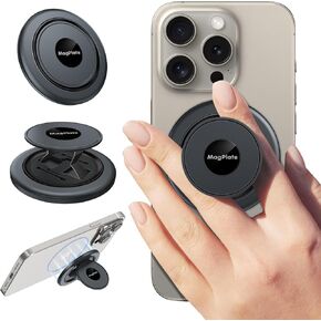 MagPlate Phone Grip Holder [Compatible with MagSafe], [Easy to Push Open] Finger Grip Kickstand with [Magnetic Auto-Closure] for iPhone 16 15 14 13 12 Pro Max Plus - Black