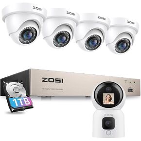 ZOSI 3K Lite Security 4PK Dome Camera System with 1TB Hard Drive,AI Human Vehicle Detection,Night Vision & 2K C528 360° Views Dual-Lens Indoor Camera, Two-Way Video, Gesture/One-Touch Calling