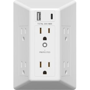 LIDER 6-Outlet Surge Expander with PD-36W USB Type A/C, Fast Charging, Surge Protector with LED Indicator, Decorator and Standard (duplex) Receptacles, USB Wall Multi Outlet Extender, UL Listed, White