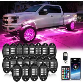 مجموعة مصابيح الصخور LED 12Pods RGB مع جهاز التحكم عن بعد APP/RF، أضواء تحت الوهج مع تغيير لون مجزأ، أضواء نيون متعددة الألوان مع فرامل مقاومة للماء 12 فولت للشاحنات بيك اب جيب عربة الجولف SXS