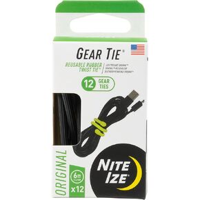 Nite Ize Original Gear Tie - 6-Inch Reusable Rubber Twist Tie - Reusable Gear Ties - Electric Cord Organizers - Twist Ties for Cords - Reusable Zip Ties - Black, 6-Inch, 12 Pack