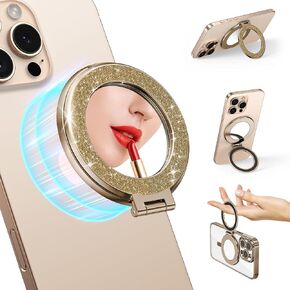 Magnetic Phone Stand Holder Built-in Mirror for Magsafe Case, [Electroplated & Glitter], Phone Grip Stand Ring Kickstand for iPhone 16 Pro Max/15/14/13/12 Series for Girl Women, Rose Gold