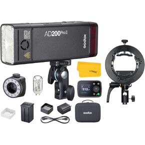 GODOX AD200 Pro II AD200Pro II Strobe Flash, TTL 200W Pocket Flash HSS 1/8000s, One-Tap Wireless Sync, Enhanced Color Screen,with Godox S2 Speedlite Bracket