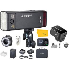 GODOX AD200 Pro II AD200 Pro II Strobe Flash, with X3-S TTL Wireless Flash Trigger for Sony Camera，TTL 200W Pocket Flash HSS 1/8000s, One-Tap Wireless Sync, Enhanced Color Screen