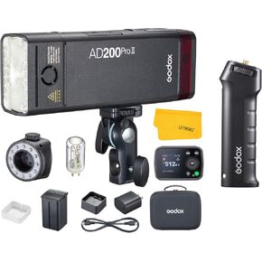 GODOX AD200 Pro II AD200Pro II Strobe Flash, TTL 200W Pocket Flash HSS 1/8000s, One-Tap Wireless Sync，with FG-100 Flash Grip, Portable Flash Bracket Handle