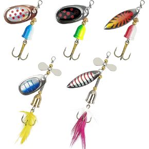 OROOTL Fishing Lures Spinner Baits Kit, 5/10pcs Inline Spinnerbait with Rooster Feather Treble Hooks Spoon Lures for Bass Salmon Trout Hard Metal Spinner Baits with Tackle Box