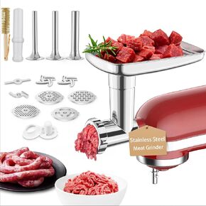 Stainless Steel Food Grinder Attachment for KitchenAid Stand Mixers, Meat Grinder Accessories Including Sausage Stuffer Tubes & Holder, Grinding Plates, Grinding Blades