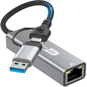 USB C to Ethernet Adapter 5Gbps, 2-in-1 USB to 5Gbps Ethernet Cable, 5000Mbps Type C to RJ45 Network LAN Internet Converter, Aluminum Case Compatible for iPhone 16 15 Pro Max, MacBook Pro/Air