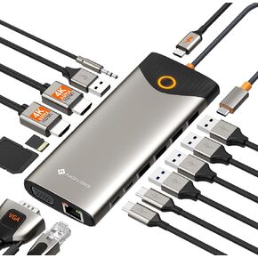 NOVOO USB C Docking Station Dual Monitor, 15 in 1 Docking Station 3 Monitors with 2 HDMI,VGA,USB C/A Ports, 100W PD, RJ45, SD/TF and Audio, Multiport Adapter for MacBook/Dell/iPhone/iPad/HP/Lenovo