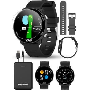 Shot Scope G6 Golf GPS Watch Bundle - Full Hole Maps, F/M/B Distances, Large Display - Includes Extra Carbon Gray Straps, PlayBetter Portable Charger, Protective Hard Case & HD Screen Protectors