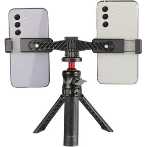Multifunctional Smartphone Video Kit, Dual Phone Tripod Stand with Ball Head Mount, Portable Desktop Phone Holder with Adjustable Clamps, Mini Camera Stand for Live Streaming Gaming Recording