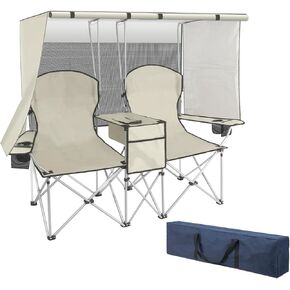 Double Camping Chair with Canopy, Loveseat Camping Chair,Folding Beach Chair with Cup Holder Cooler Bag for Sports Beach Outside（White）