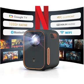 WEMAX Google TV Projector, Netflix Officially Licensed 4K Support, Mini Projector with Wifi and Bluetooth, Smart Movie Projector for Home Theater, 1080P Full HD, MAX 120" Display, Dolby Audio