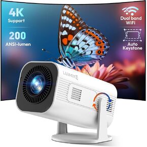 جهاز عرض Mini Smart Smart Luxvyn V1 مع WiFi و Bluetooth 200 ANSI 4K ، الدعم FHD ، جهاز عرض فيديو تصحيح Keystone ، 180 درجة قابلة للدوار للفيلم المنزلي الأبيض النقي الأبيض