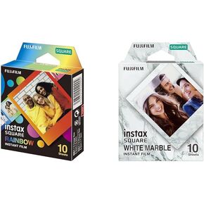 FUJIFILM Instax Square Rainbow & White Marble Instant Film Bundle - 10 Exposures Each