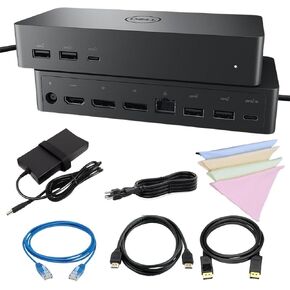 De​ll UD22 Universal Dual Monitor Docking Station for Laptop Supports Three Four 4K Monitors, 10 Ports: USB-C RJ45 DisplayPort HDMI USB-A, 130W AC Adapter, DP/HDMI/Ethernet Cable + Cleaning Cloth