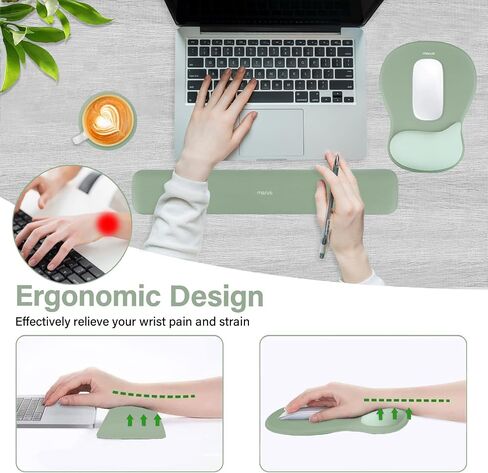 MOSISO Wrist Rest Support for Mouse Pad&Keyboard Set,Ergonomic Mousepad&Coaster,Non-Slip Base Home/Office Pain Relief&Rectangular Easy Typing Cushion with Soft Cloth&Curved Concave Memory Foam,Green in Saudi Arabia