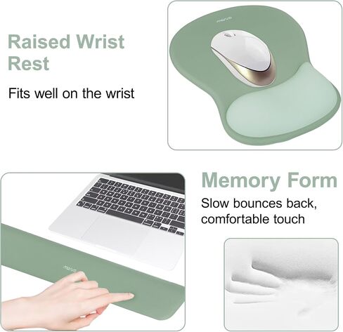 MOSISO Wrist Rest Support for Mouse Pad&Keyboard Set,Ergonomic Mousepad&Coaster,Non-Slip Base Home/Office Pain Relief&Rectangular Easy Typing Cushion with Soft Cloth&Curved Concave Memory Foam,Green in Saudi Arabia