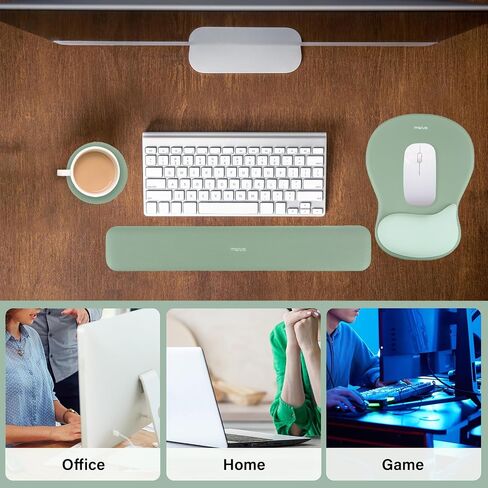 MOSISO Wrist Rest Support for Mouse Pad&Keyboard Set,Ergonomic Mousepad&Coaster,Non-Slip Base Home/Office Pain Relief&Rectangular Easy Typing Cushion with Soft Cloth&Curved Concave Memory Foam,Green in Saudi Arabia