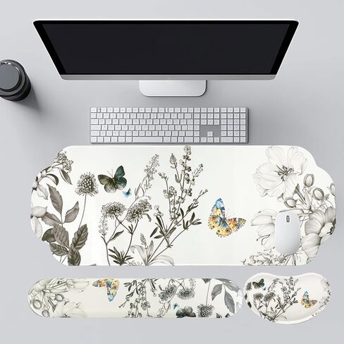 MEGREZ Large Mouse Pad&Wrist Rest Support for Mouse&Keyboard Wrist Rest, Ergonomic Memory Foam Wrist Rest, 3-in-1 Non-Slip Base Cloud Shape Desk Pad Mat for Home/Office, Butterfly and Flower in Saudi Arabia