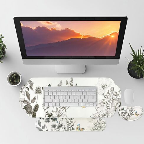MEGREZ Large Mouse Pad&Wrist Rest Support for Mouse&Keyboard Wrist Rest, Ergonomic Memory Foam Wrist Rest, 3-in-1 Non-Slip Base Cloud Shape Desk Pad Mat for Home/Office, Butterfly and Flower in Saudi Arabia