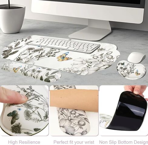 MEGREZ Large Mouse Pad&Wrist Rest Support for Mouse&Keyboard Wrist Rest, Ergonomic Memory Foam Wrist Rest, 3-in-1 Non-Slip Base Cloud Shape Desk Pad Mat for Home/Office, Butterfly and Flower in Saudi Arabia