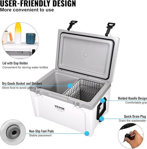 VEVOR Ultra-Light Hard Cooler, Ice Retention Cooler with Heavy Duty Handle, Ice Chest Lunch Box for Camping, Travel, Outdoor, Keeps Cool for up to 6 Days, 30% Lighter Than Rotomolded Coolers in Kuwait
