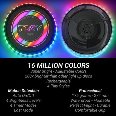 TOSY Flying Disc - 16 Million Color RGB or 36 or 360 LEDs, Extremely Bright, Smart Modes, Auto Light Up, Rechargeable, Perfect Birthday & Camping Gift for Men/Boys/Teens/Kids, 175g frisbees in Saudi Arabia