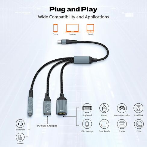 USB C Splitter ، USB C إلى محول سماعة رأس USB إلى 3.5 مم وكبل الشاحن PD 60W USB C إلى USB ، in Kuwait