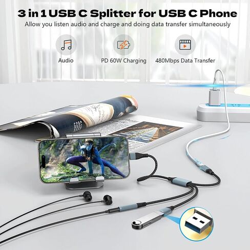 USB C Splitter ، USB C إلى محول سماعة رأس USB إلى 3.5 مم وكبل الشاحن PD 60W USB C إلى USB ، in Kuwait