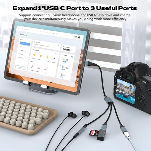 USB C Splitter ، USB C إلى محول سماعة رأس USB إلى 3.5 مم وكبل الشاحن PD 60W USB C إلى USB ، in Kuwait