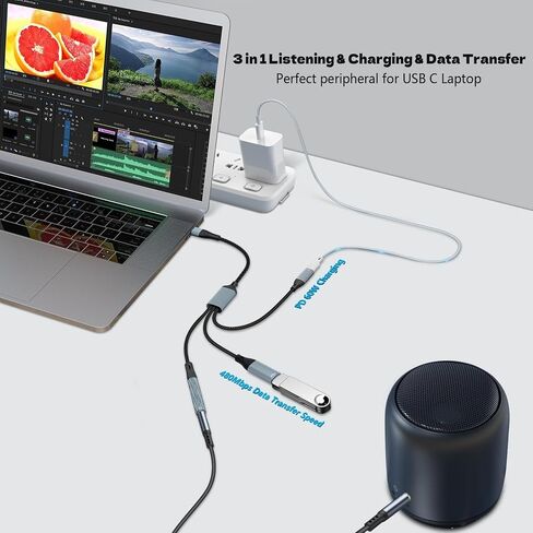USB C Splitter ، USB C إلى محول سماعة رأس USB إلى 3.5 مم وكبل الشاحن PD 60W USB C إلى USB ، in Kuwait