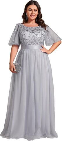 Ever-Pretty Women's Round Neck Short Sleeves Plus Size A-Line Tulle Sequin Formal Evening Dresses 0904-DA2 in Kuwait