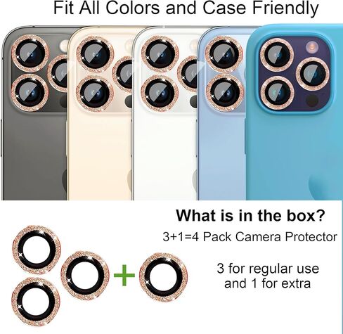 Compatible with iPhone 16 Pro/iPhone 16 Pro Max Camera Lens Protector Glitter (3+1 Pack), Bling Sparkle Camera Cover with Clear Tempered Glass 9H, Case Friendly (Pink) in Kuwait