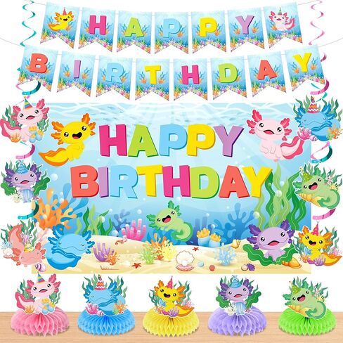 19Pcs Axolotl Birthday Decorations Pink Axolotl Party Supplies Includes Banner Backdrop Cartoon Axolotl Hanging Swirls Honeycomb Centerpieces Paper Pompoms for Boys Girls Baby Shower Party Decor in Saudi Arabia