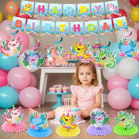 19Pcs Axolotl Birthday Decorations Pink Axolotl Party Supplies Includes Banner Backdrop Cartoon Axolotl Hanging Swirls Honeycomb Centerpieces Paper Pompoms for Boys Girls Baby Shower Party Decor in Saudi Arabia