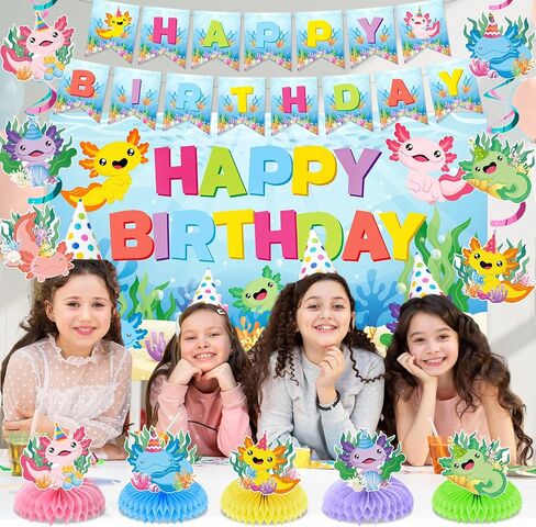 19Pcs Axolotl Birthday Decorations Pink Axolotl Party Supplies Includes Banner Backdrop Cartoon Axolotl Hanging Swirls Honeycomb Centerpieces Paper Pompoms for Boys Girls Baby Shower Party Decor in Saudi Arabia