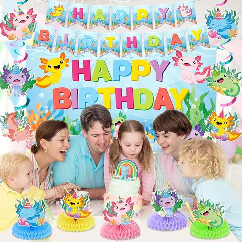 19Pcs Axolotl Birthday Decorations Pink Axolotl Party Supplies Includes Banner Backdrop Cartoon Axolotl Hanging Swirls Honeycomb Centerpieces Paper Pompoms for Boys Girls Baby Shower Party Decor in Saudi Arabia