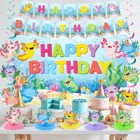19Pcs Axolotl Birthday Decorations Pink Axolotl Party Supplies Includes Banner Backdrop Cartoon Axolotl Hanging Swirls Honeycomb Centerpieces Paper Pompoms for Boys Girls Baby Shower Party Decor in Saudi Arabia