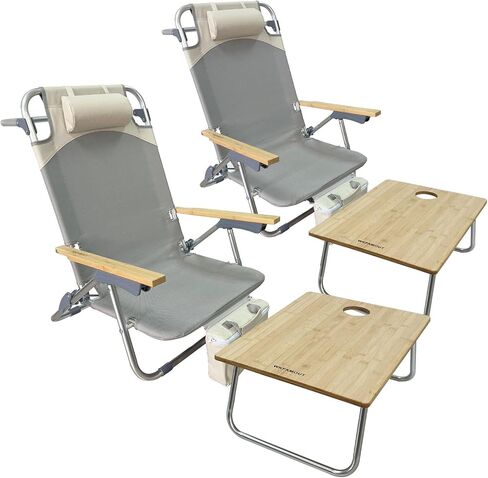 Folding Backpack Beach Chair 2 Pack Aluminum 5-Position with Samll Camping Table Bamboo Lay Flat Lounge Chair Outdoor for Adults with Insulated Cooler Bag in Kuwait