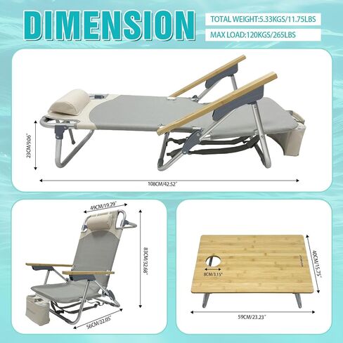 Folding Backpack Beach Chair 2 Pack Aluminum 5-Position with Samll Camping Table Bamboo Lay Flat Lounge Chair Outdoor for Adults with Insulated Cooler Bag in Kuwait