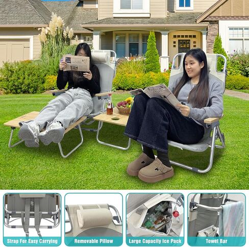 Folding Backpack Beach Chair 2 Pack Aluminum 5-Position with Samll Camping Table Bamboo Lay Flat Lounge Chair Outdoor for Adults with Insulated Cooler Bag in Kuwait