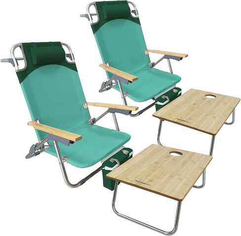 Folding Backpack Beach Chair 2 Pack Aluminum 5-Position with Samll Camping Table Bamboo Lay Flat Lounge Chair Outdoor for Adults with Insulated Cooler Bag in Kuwait