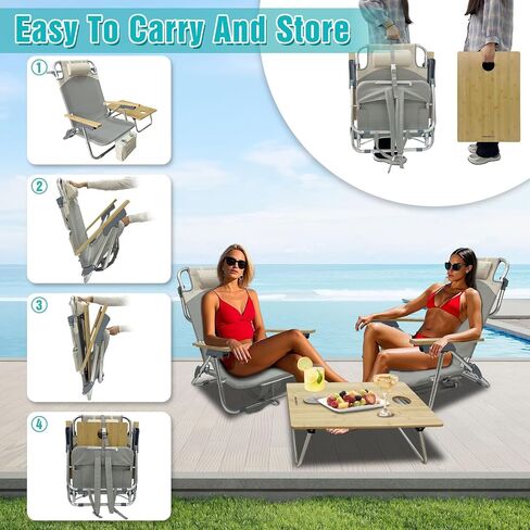 Folding Backpack Beach Chair 2 Pack Aluminum 5-Position with Samll Camping Table Bamboo Lay Flat Lounge Chair Outdoor for Adults with Insulated Cooler Bag in Kuwait